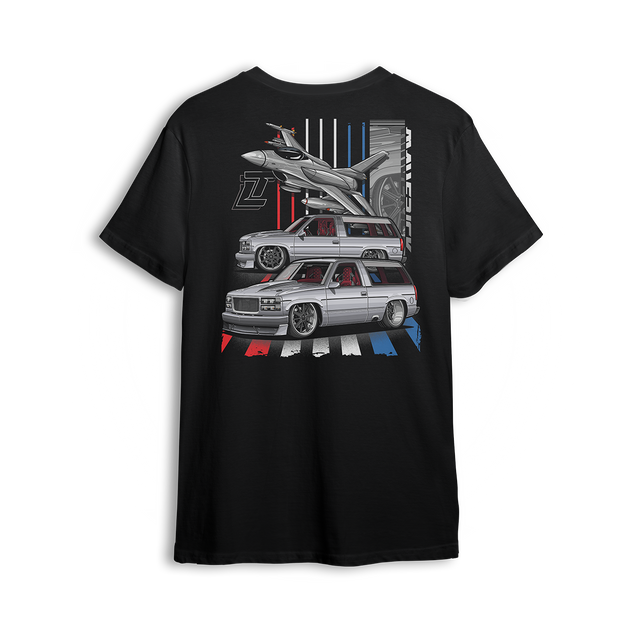T-shirt featuring Mike García’s slammed 1996 Chevy Tahoe in red, white, and blue with a fighter jet flying overhead. Inspired by his StreetTrucks Magazine build, the Maverick t-shirt combines Pro Touring style, bold detail, and street-ready stance for standout presence.
