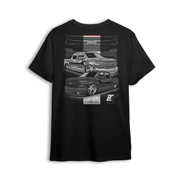 T-shirt featuring two slammed 4-door Chevy Silverados with polished wheels, smoked grilles, and aggressive stance, backed by a bold Chevy grille graphic. Finished with the Low Trendz stamp and LT logo, this t-shirt brings custom style for builders and street kings.