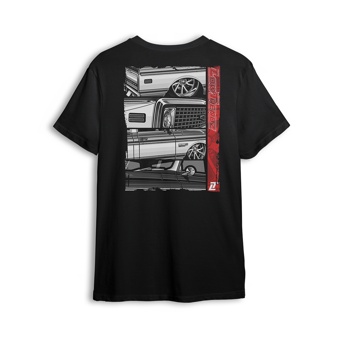 T-shirt featuring a stacked lineup of slammed Squarebody Chevys with big lip wheels, chrome accents, and bold grayscale detailing. Finished with a vertical red Low Trendz stripe, this t-shirt blends retro grit with modern street presence.