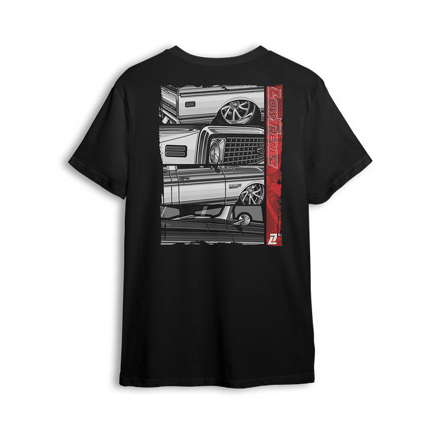 T-shirt featuring a stacked lineup of slammed Squarebody Chevys with big lip wheels, chrome accents, and bold grayscale detailing. Finished with a vertical red Low Trendz stripe, this t-shirt blends retro grit with modern street presence.