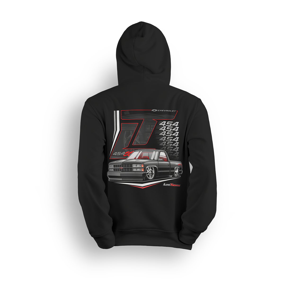 Big Block 454 SS hoodie featuring a lowered OBS 454 SS with bold red pinstripes, clean lines, and muscle truck styling. A tribute to the golden era of horsepower and custom builds, this hoodie is perfect for showing off at meets and events.