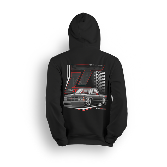 Big Block 454 SS hoodie featuring a lowered OBS 454 SS with bold red pinstripes, clean lines, and muscle truck styling. A tribute to the golden era of horsepower and custom builds, this hoodie is perfect for showing off at meets and events.