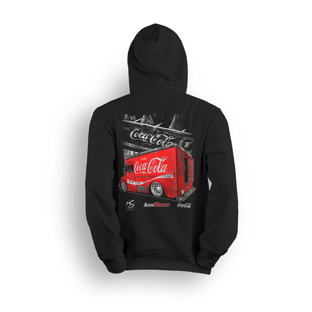 Hoodie featuring a slammed Coke delivery truck in front of a vintage soda crate backdrop. A Da Shop x Low Trendz collab, this hoodie blends nostalgic style with custom truck attitude for true streetwear fans.