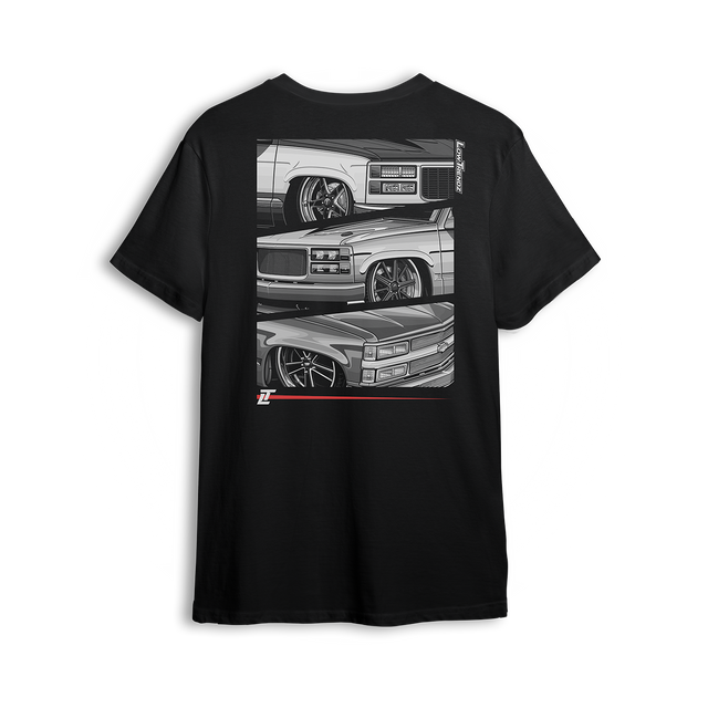 T-shirt featuring three slammed Chevy OBS front ends stacked vertically with crisp grayscale detailing, tucked wheels, and aggressive stance. Framed by a bold layout, vertical Low Trendz branding, and red accent bar, this t-shirt celebrates the dominance of old body style trucks.