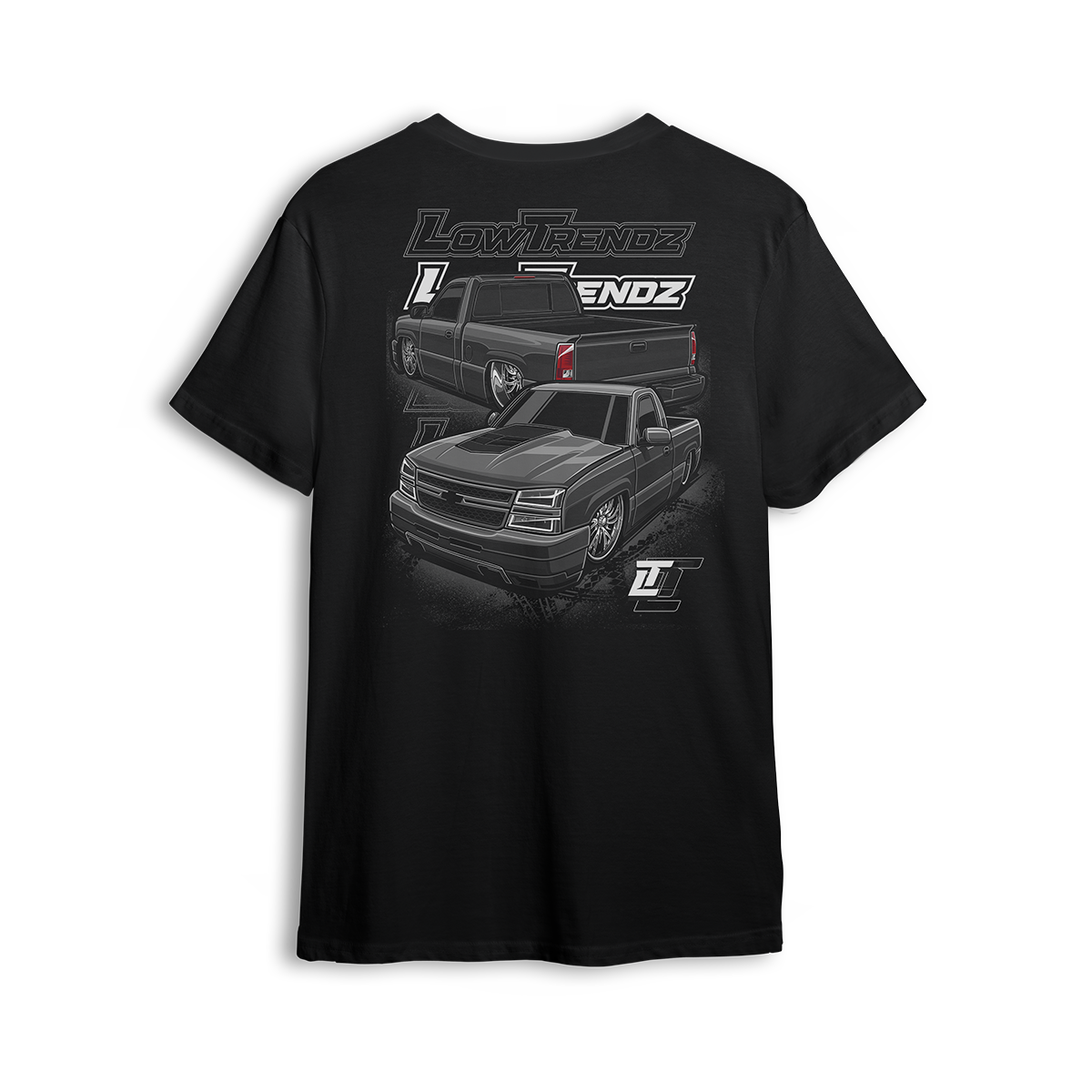 T-shirt featuring a slammed SS clone with blackout styling, tucked wheels, and dual truck views for a show-and-go look. Stamped with bold Low Trendz graphics, this t-shirt brings street-ready attitude and clean custom lines.