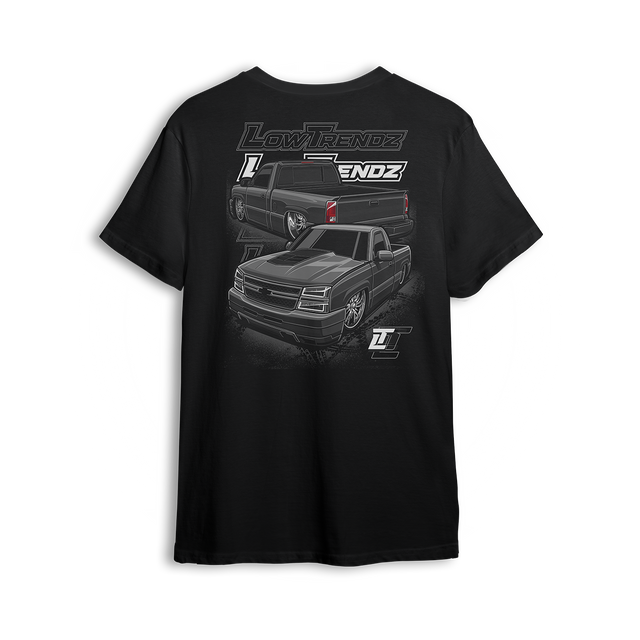 T-shirt featuring a slammed SS clone with blackout styling, tucked wheels, and dual truck views for a show-and-go look. Stamped with bold Low Trendz graphics, this t-shirt brings street-ready attitude and clean custom lines.