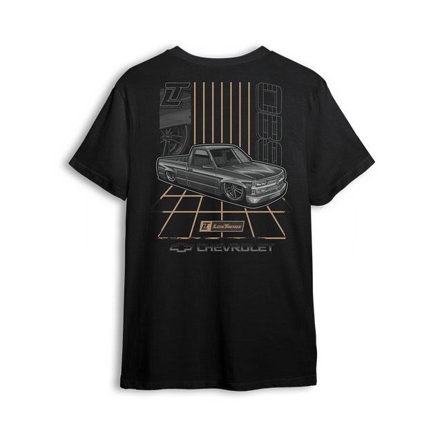 T-shirt featuring a murdered-out Chevy OBS laid out over a retro gold grid, with clean lines, bold stance, and vintage-inspired striping. This t-shirt pays homage to the golden era of custom trucks with smooth, standout style.