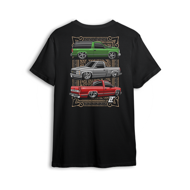 T-shirt featuring three clean Chevy OBS builds in green, white, and red over an Aztec-inspired backdrop. With a classic Tahoe and slammed single cabs, this t-shirt honors cultura, chrome, and custom truck pride.