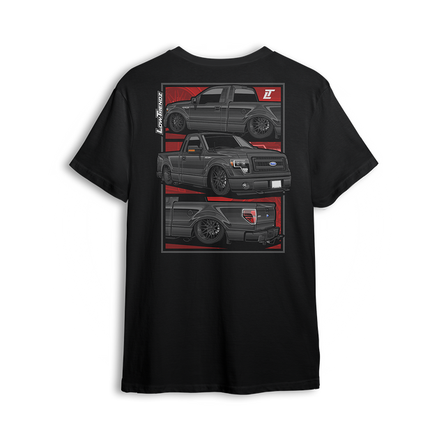 T-shirt featuring a slammed, murdered-out Ford F-150 shown from three angles against a bold red layout. With deep dish wheels and an aggressive stance, this t-shirt is built for Ford fans who keep it low and street-ready.