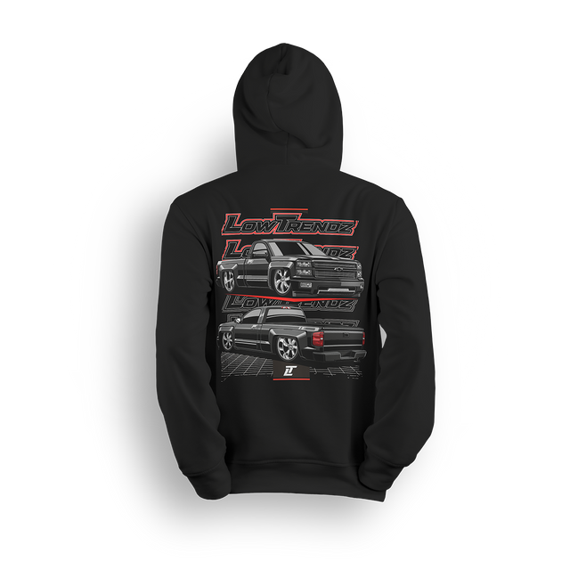 Hoodie featuring a murdered-out Chevy single cab shown front and back with a slammed stance, layered Low Trendz logos, and a sharp grid floor. This hoodie delivers clean, aggressive style for fans of true custom builds.