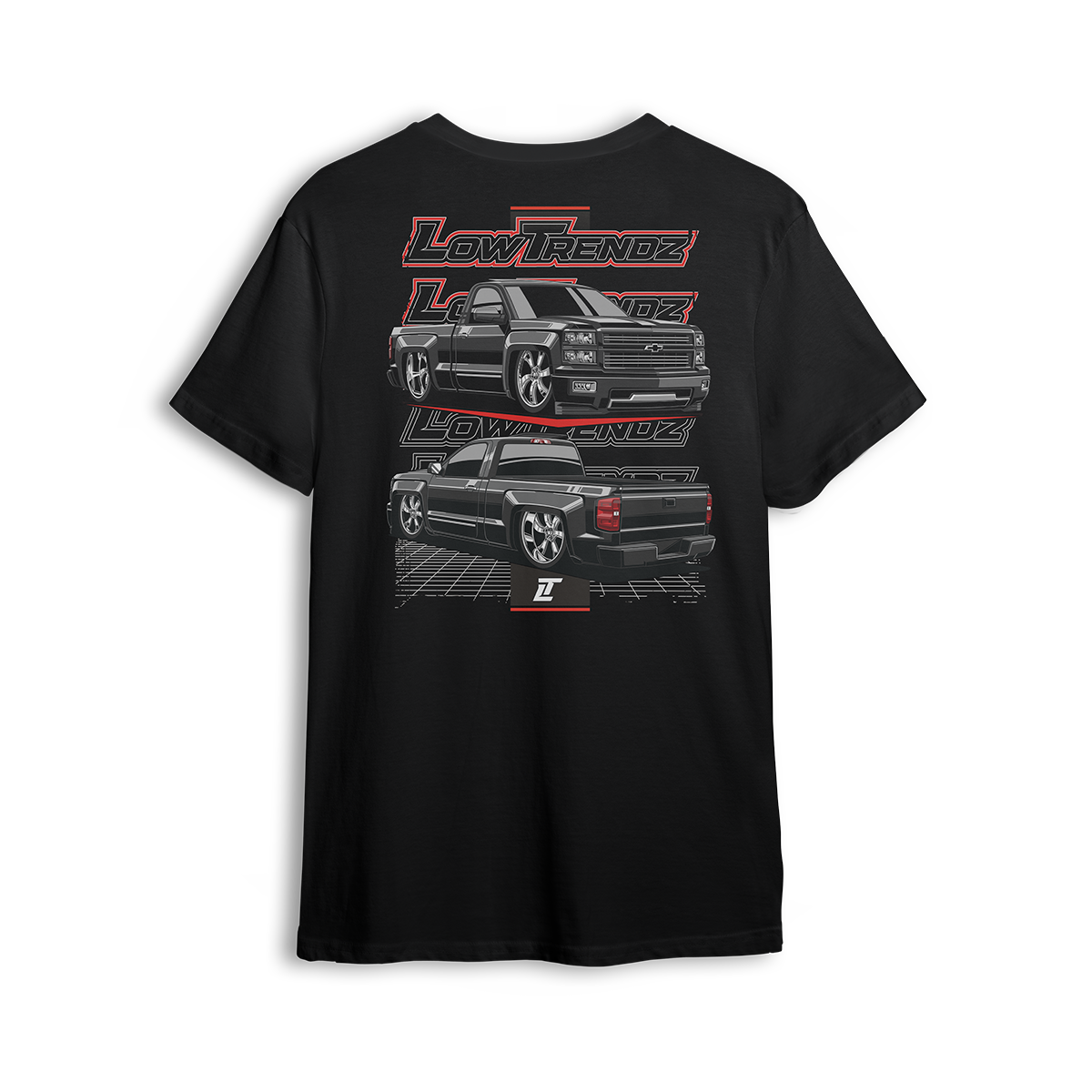 T-shirt featuring a murdered-out Chevy single cab shown front and back with a slammed stance, layered Low Trendz logos, and a sharp grid floor. This t-shirt delivers clean, aggressive style for fans of true custom builds.