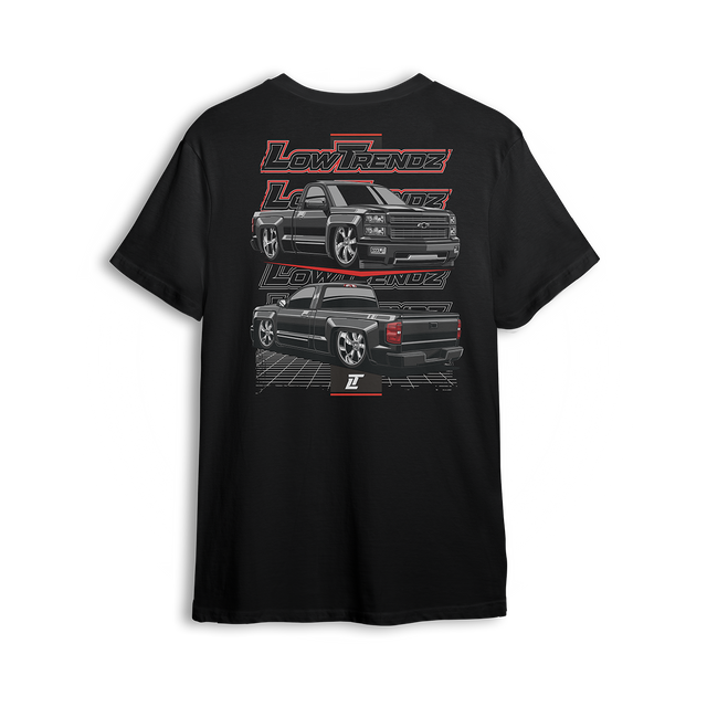 T-shirt featuring a murdered-out Chevy single cab shown front and back with a slammed stance, layered Low Trendz logos, and a sharp grid floor. This t-shirt delivers clean, aggressive style for fans of true custom builds.