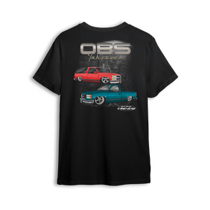 T-shirt featuring a slammed Chevy Tahoe and single-cab OBS set against a dark urban backdrop. A tribute to the trucks that sparked the Low Trendz movement, this t-shirt is built for those who live and breathe the custom truck scene.
