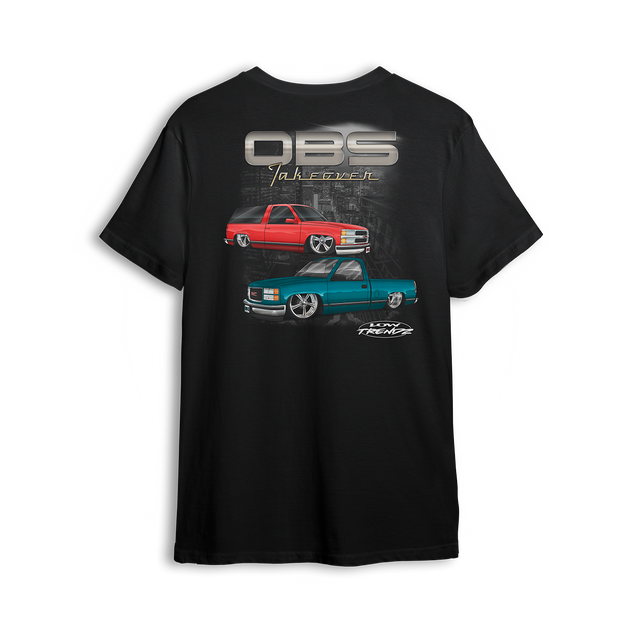 T-shirt featuring a slammed Chevy Tahoe and single-cab OBS set against a dark urban backdrop. A tribute to the trucks that sparked the Low Trendz movement, this t-shirt is built for those who live and breathe the custom truck scene.