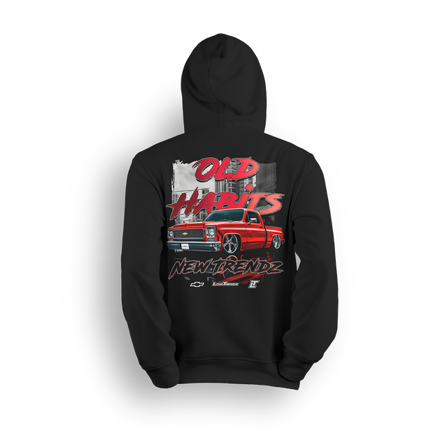 Hoodie featuring a fire red slammed Chevy Squarebody set against a gritty city backdrop with bold “Old Habits, New Trendz” lettering. This hoodie blends classic attitude with modern style, made for builders who respect the roots and push the scene forward.