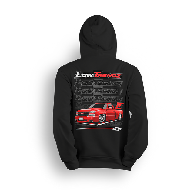 Hoodie featuring a slammed red SS clone Silverado with a clean stance and aggressive styling, set against a bold backdrop of Low Trendz logos. This hoodie is made for those who build trucks that make a statement, not just stock.
