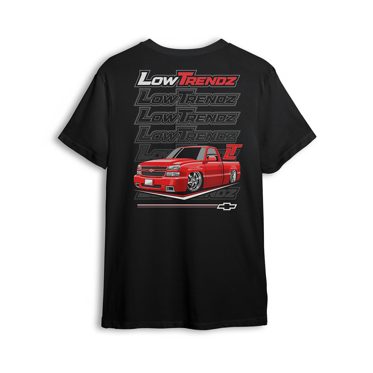 T-shirt featuring a slammed red SS clone Silverado with a clean stance and aggressive styling, set against a bold backdrop of Low Trendz logos. This t-shirt is made for those who build trucks that make a statement, not just stock.