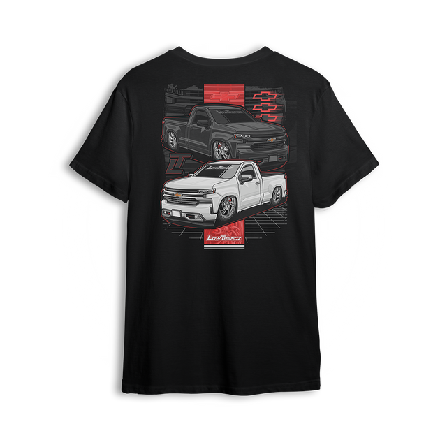 T-shirt featuring black and white slammed Silverado single cabs with red accents and modern gridwork. The New Gen t-shirt blends tech-inspired edge with classic Low Trendz style for those who turn heads on and off the street.
