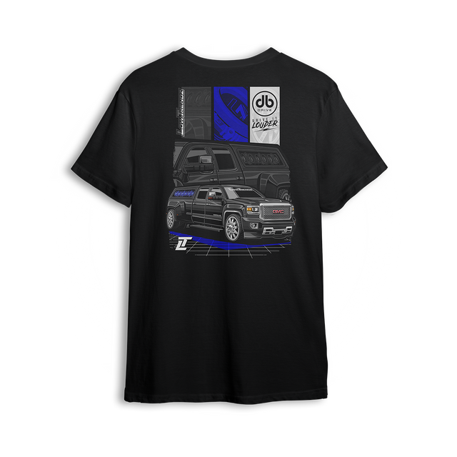 T-shirt featuring a murdered-out GMC Denali stacked with speakers, bold blue accents, and tech-style overlays. The DB Drive x Low Trendz t-shirt delivers loud, custom style built for bass heads and street-driven truck fans.