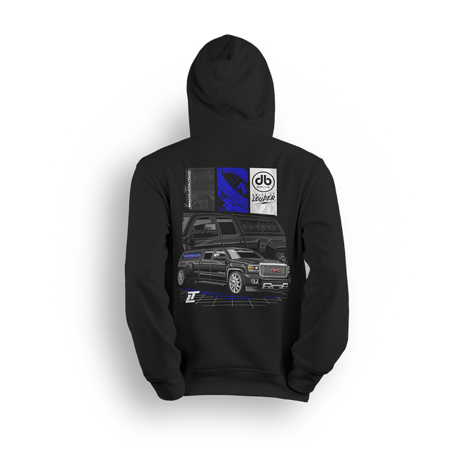 Hoodie featuring a murdered-out GMC Denali stacked with speakers, bold blue accents, and tech-style overlays. The DB Drive x Low Trendz hoodie delivers loud, custom style built for bass heads and street-driven truck fans.