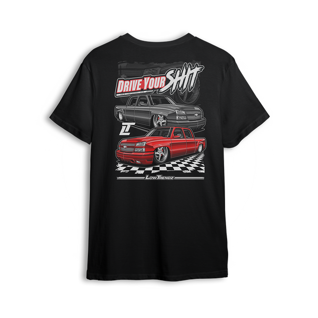 T-shirt featuring two slammed Silverados rolling on a checkered track floor with bold red-and-black styling. The “Just Drive Your Sh*t” t-shirt calls out real show truck owners who drive what they build—no trailers, no excuses.