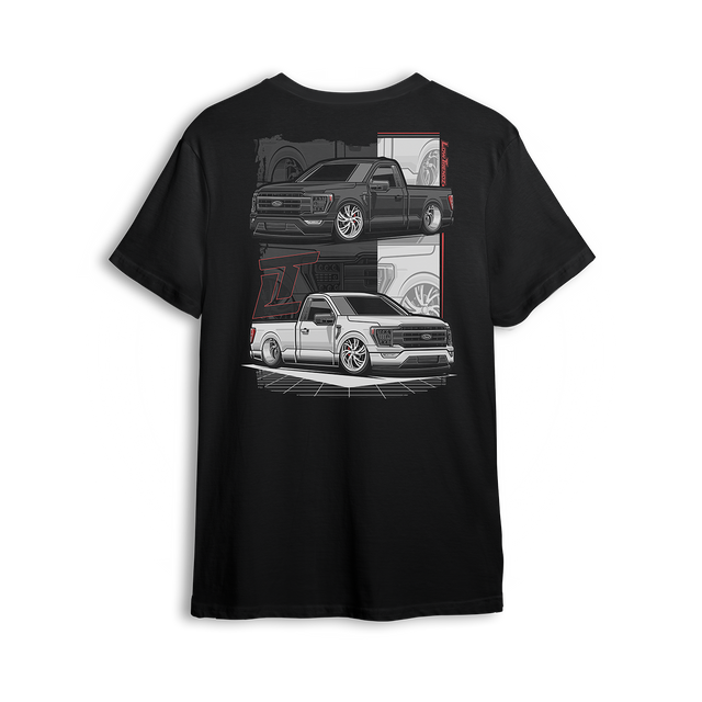 T-shirt featuring two slammed single cab Ford F-150s with custom stance, monochrome tones, and red accents. Designed for Ford fans repping Blue Oval style with Low Trendz attitude, this t-shirt blends clean street style with aggressive detail.