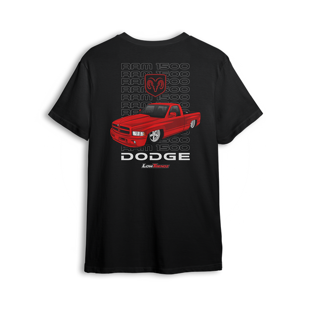 T-shirt featuring a slammed bright red RAM 1500 single cab with a stacked backdrop and bold RAM emblem. Built for Mopar fans in the custom truck scene, this t-shirt delivers clean stance, bold style, and straight attitude.