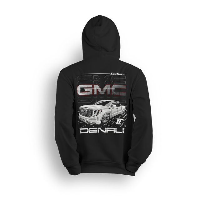 Hoodie featuring a slammed GMC Denali with bold grille and clean stance, illustrated over a sleek grid backdrop. The Arctic Denali hoodie blends full-size luxury with street style for a standout look in the custom truck scene.