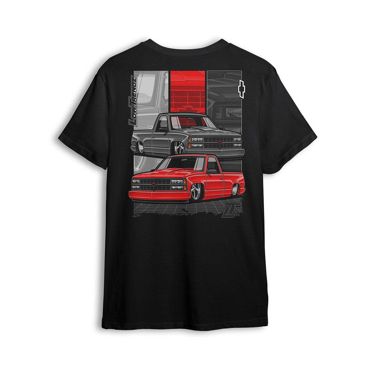 T-shirt featuring two slammed OBS Chevys in black and red over a bold tri-panel backdrop with a vertical CHEVROLET graphic and red bowtie. The Redline Revival t-shirt is a high-impact tribute to iconic Chevy style and custom truck lifestyle.