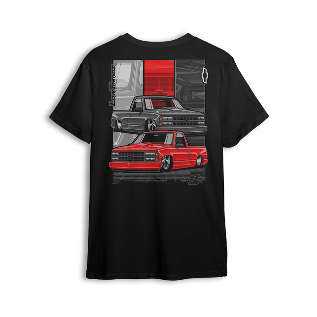 T-shirt featuring two slammed OBS Chevys in black and red over a bold tri-panel backdrop with a vertical CHEVROLET graphic and red bowtie. The Redline Revival t-shirt is a high-impact tribute to iconic Chevy style and custom truck lifestyle.