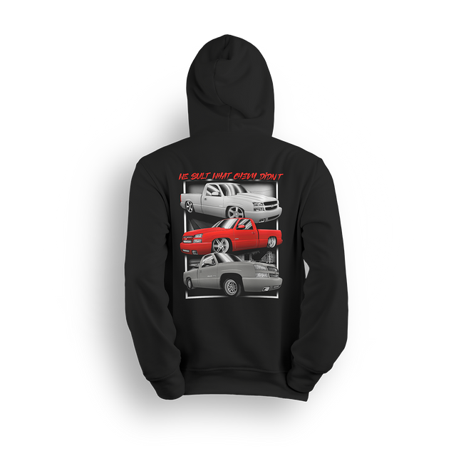 Hoodie featuring three custom Chevy single-cab swaps that were never factory-built, each slammed with clean stance and detailed graphics. The “We Built What Chevy Didn’t” hoodie celebrates creative builds and the Low Trendz spirit of pushing beyond the blueprint.