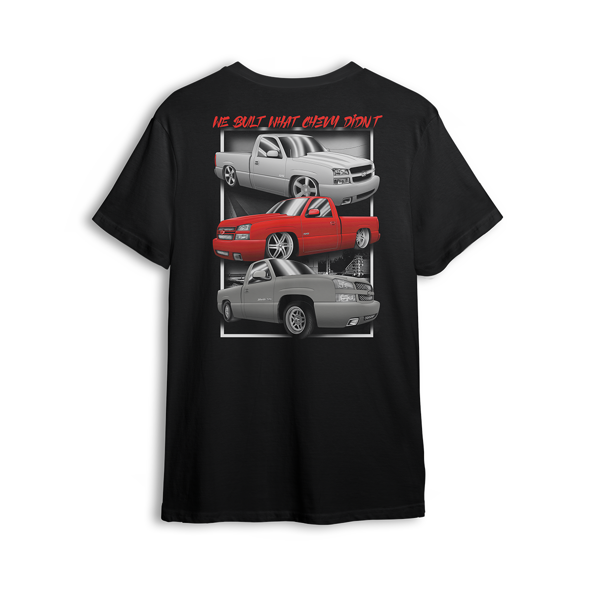 T-shirt featuring three custom Chevy single-cab swaps that were never factory-built, each slammed with clean stance and detailed graphics. The “We Built What Chevy Didn’t” t-shirt celebrates creative builds and the Low Trendz spirit of pushing beyond the blueprint.