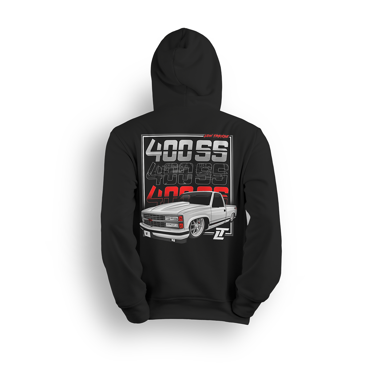 Hoodie featuring a clean white OBS 400 SS slammed on big wheels with a street-ready stance. Bold 400 SS typography fades from chrome to red, making this hoodie a tribute to modern custom style and classic Chevy lines.