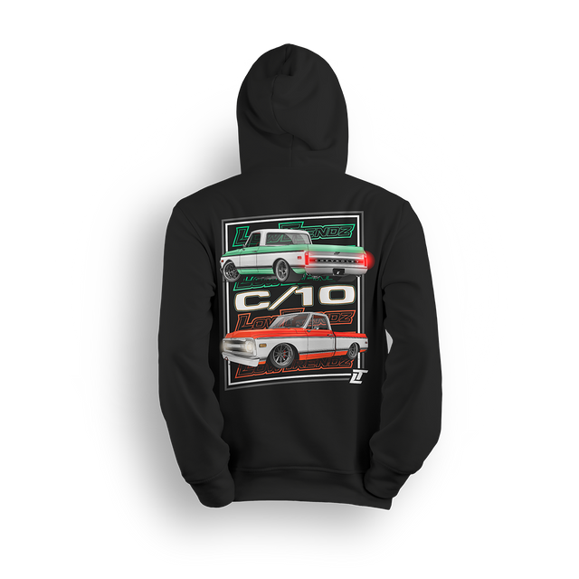 Hoodie featuring two slammed Chevy C10s in side and rear views with clean two-tone color schemes, aggressive stance, and bold Low Trendz logos. The Double Drip hoodie blends retro style and modern presence for true C10 fans.