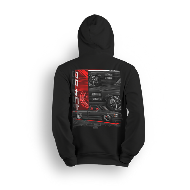 Hoodie featuring a slammed OBS 454 SS Chevy shortbed with red interior, deep lip wheels, and aggressive stance. Close-up front end views and bold styling make the 454 SS Legacy hoodie a tribute to a true street classic.
