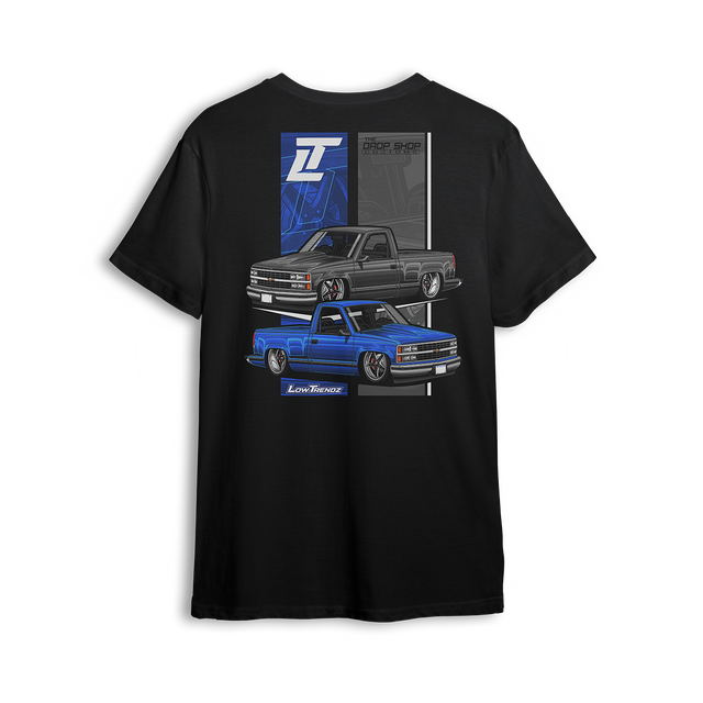 T-shirt featuring a black and blue OBS stepside Chevy with crisp detailing and a slammed stance. The Drop Shop x Low Trendz collab t-shirt pays tribute to iconic truck style and roots of the custom scene.