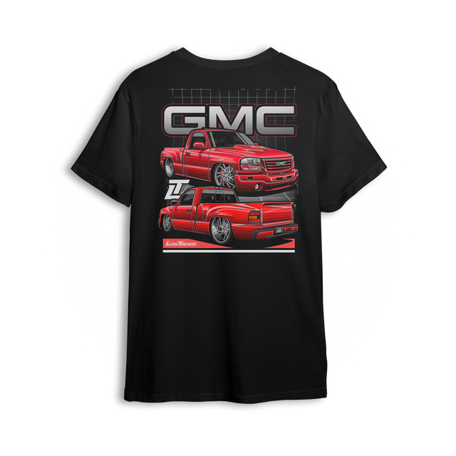 T-shirt featuring a slammed red GMC Sierra stepside shown from front and rear angles, with oversized GMC branding and a grid-style background. The Stepside Heat t-shirt blends classic truck lines with clean, modern design for true GMC fans.