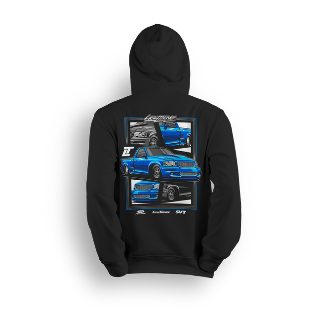Hoodie featuring a slammed blue SVT Lightning with a drag pack setup, shown from front, side, and rear angles in a collage-style layout. The Blue SVT hoodie honors street and strip power with bold stance and show-ready detail.