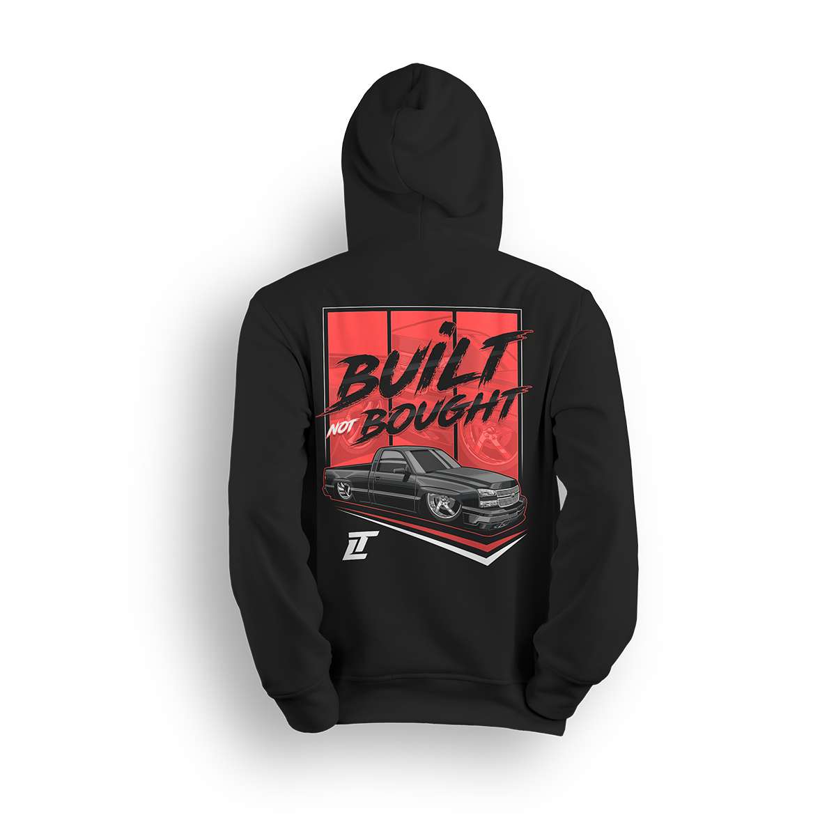 Hoodie featuring a fully dropped black Chevy Silverado with tucked wheels and bold “Built Not Bought” lettering across a red backdrop. This hoodie honors hands-on builders, late-night wrenchers, and the self-made hustle behind every custom ride.