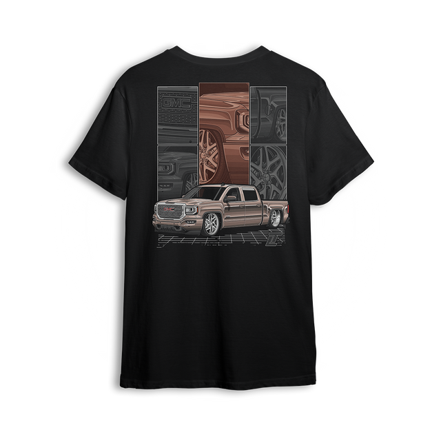 T-shirt featuring a slammed GMC Sierra in a metallic bronze finish, framed by close-up panels of the grille, wheels, and details. The Bronze Sierra t-shirt combines rich color, grid layout, and clean linework for fans of refined custom builds.