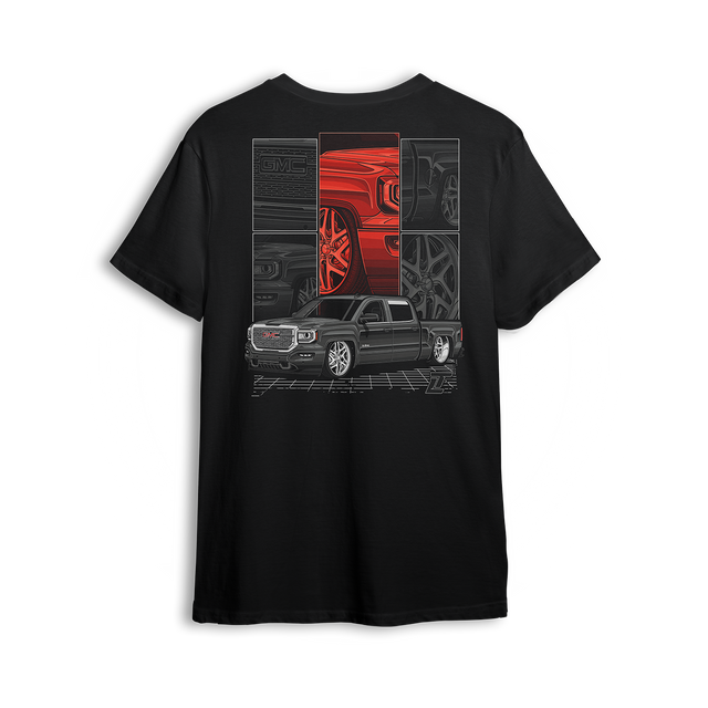 T-shirt featuring a slammed GMC Sierra displayed in a collage of close-up shots showing the grille, body lines, and wheels. Framed with a bold red accent and grid floor, this t-shirt is a tribute to precision builds and custom truck style.