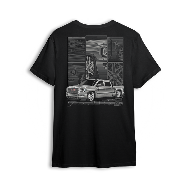 T-shirt featuring a fully customized white GMC Sierra with detailed close-ups of the grille, wheels, and body lines. Set against a modern grid and framed layout, the White Sierra t-shirt celebrates clean builds and precision craftsmanship.