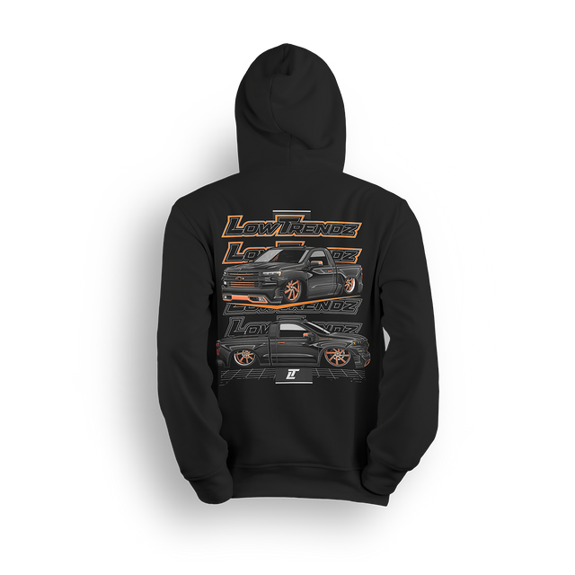 Hoodie featuring Tony Galnares’ 2019 Chevy Silverado SWB, blacked out and body-dropped on custom copper 28s. SEMA-level detail and street-ready stance make the Built Different hoodie a bold tribute to one of the scene’s most iconic builds.
