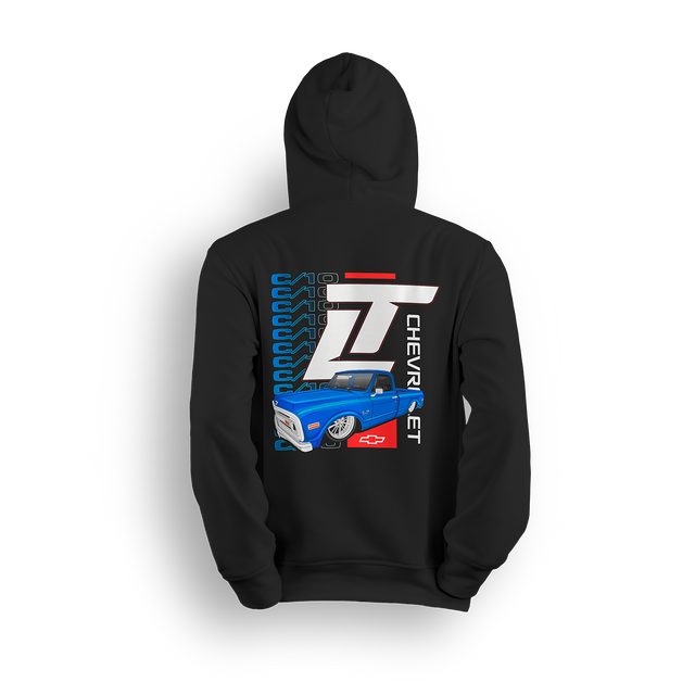 Hoodie featuring a slammed blue Chevy C10 set against a vertical C10 repeat graphic with oversized LT branding. With red, white, and blue accents, the C10 Legacy hoodie blends throwback style and modern energy for true custom truck fans.