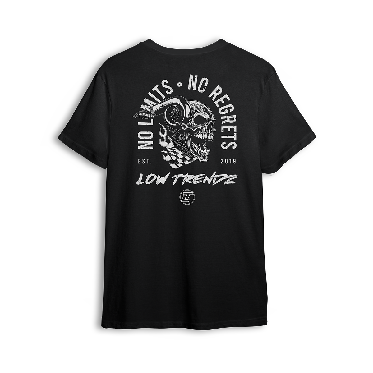 T-shirt featuring a turbo-horned skull wrapped in checkered flags with the bold creed “No Limits. No Regrets.” Printed on black, this t-shirt captures the raw, unapologetic spirit of street builders and late-night wrenches.