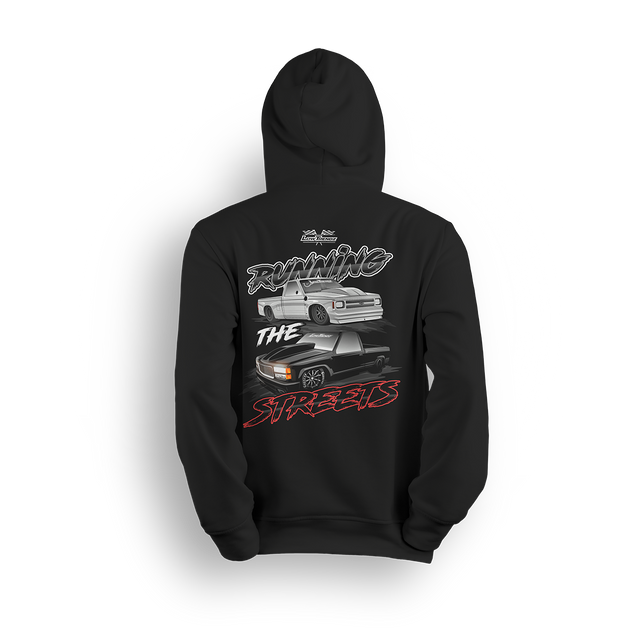 Hoodie featuring a slammed silver C10 and murdered-out OBS truck in a bold drag-ready layout with burnout marks and street-style font. The Running the Streets hoodie captures boosted attitude, full-send energy, and late-night racing vibes.