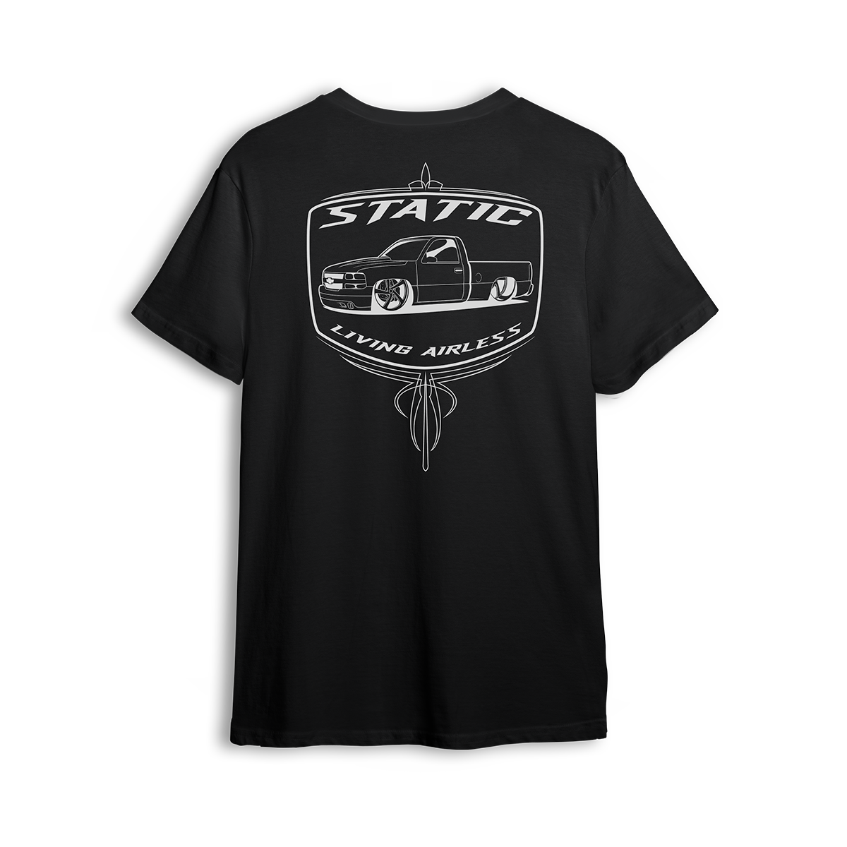 T-shirt featuring a slammed Chevy truck running static, framed in a retro-style badge with pinstripe accents and bold “Static” lettering. The Static t-shirt is a raw, no-air statement piece for static riders who drag frame and stay planted.