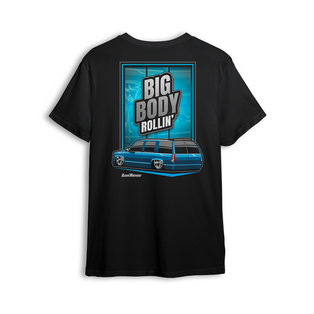T-shirt featuring Mike Batty’s custom four-door Tahoe known as the Retro Hoe, bagged and bodied on polished 22-inch billets. With bold graphics and StreetTrucks Magazine feature energy, the Big Body Rollin’ t-shirt celebrates full-size style and low street presence.
