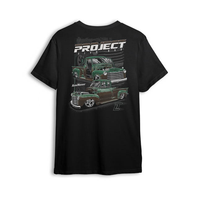 Project Five Bar t-shirt with 1952 green Chevy truck inspired by father and son build in Maryland
