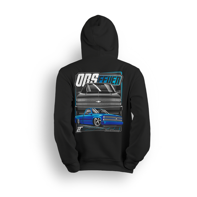 Blue OBS Steel Chevy hoodie featuring a slammed cobalt blue truck with billet wheels and bold front and side view graphic by LowTrendz